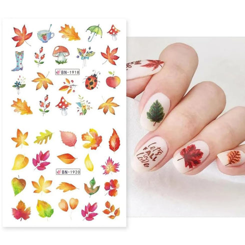 Fall Leaf Nail Art Stickers, Autumn Nail Decals Maple Leaf Nail Supplies Pumpkins Turkeys Squirrels Water Transfer Nail Stickers Fall Nail Accesso...