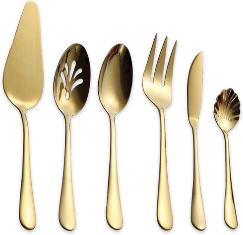 Berglander Stainless Steel Titanium Plated Flatware Serving Set, 6 Pieces, 5 Serving Sets of 45 Pieces Flatware With 1 Cake Server, Shiny Golden S...