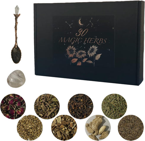 Witchcraft Supplies Kit 30Packs - Herbs for Spells -,Beginner Witch Kit Box with Antique Spoon Witch Starter Kit Ideal Pagan Altar Decor, Witchy G...