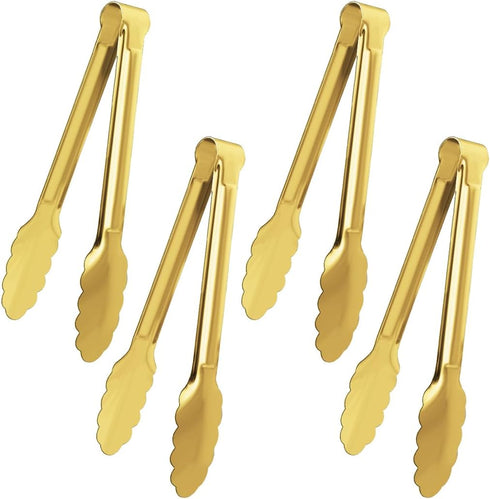 4 Pack Gold Serving Tongs XEVOM Gold Buffet Tongs Serving Utensils Salad Tongs Stainless Steel Gold Plated Buffet Serving Tongs,9 Inch...