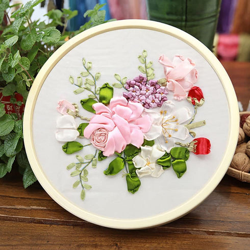 Gogobear Silk Ribbon Flowers Embroidery Kit for Art Craft Sewing Handmade 3D Wall Decor Hanging Pictures with Bamboo Embroidery Bandage...