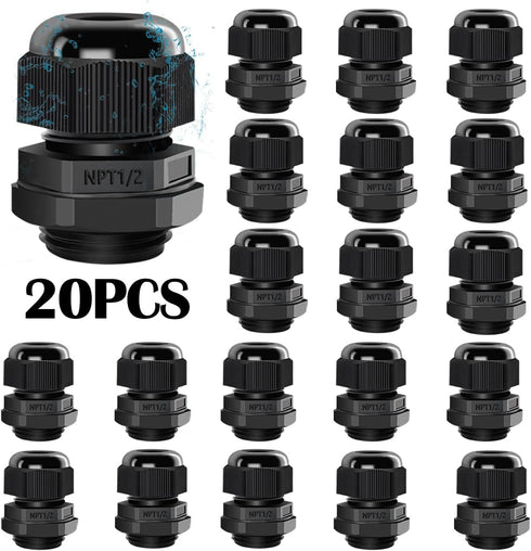 20PCS Nylon Cord Grip Cable Glands Kit,IP68 Waterproof Adjustable 1/2”NPT Strain Relief Cord Connectors Black With Gaskets...