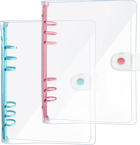 A5 Binder 6-Ring Clear Binder Notebook Cover, 2 Pack Pink + Blue Round Ring, A5 Planner Budget Binder with Snap Closure (A5, Clear Cover + Pink/Bl...