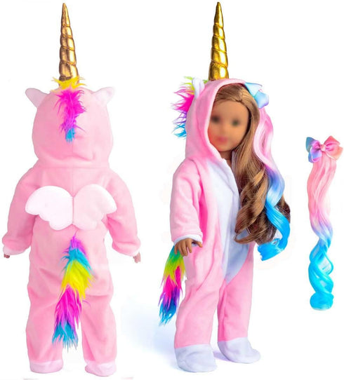 18 Inch Doll Clothes Unicorn Onesie Pajamas Rainbow Color Hair Bow Clips Costume Fits 18 Inch Doll (Doll Not Included)...