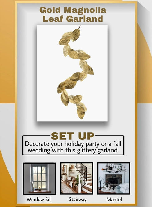 Serene Spaces Living Gold Magnolia Leaf Garland, Ornament for Holiday Décor, Measures 48" Long...
