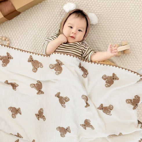 Baby Blanket Double Layer Cotton Muslin Thick Quilt Neutral 40x40Inch Soft Throw Blanket Bear Pattern...