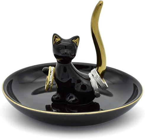 Happy Cat Posture Trinket Tray Decorative Ring Holder Jewelry Storage Dish Black/Golden Tail...