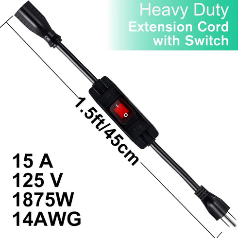 Outdoor Waterproof On/Off Switch Extension Cord, Heavy Duty 125v/250v Black SJTW Cord (1.5 Ft, Black)...