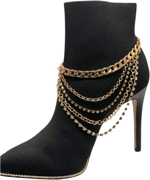 Women Western Fashion Anklet Boot Chain Bracelet Gold Metal Shoe Back Side Wave Multi Strand Charm...