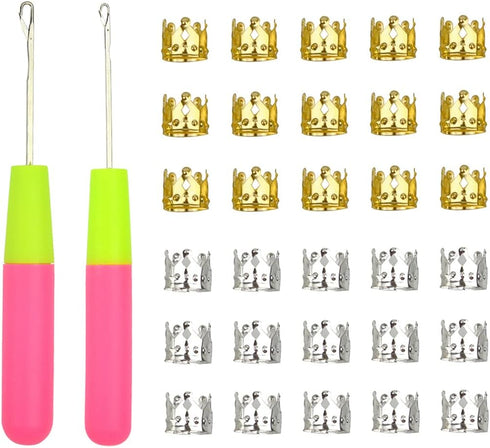 2 Pcs Latch Hook Crochet Needle with 30 Pcs Dreadlocks Silver Gold Metal Decoration Braiding Hair Rings for Crochet Hooks Braids Hair Decoration A...