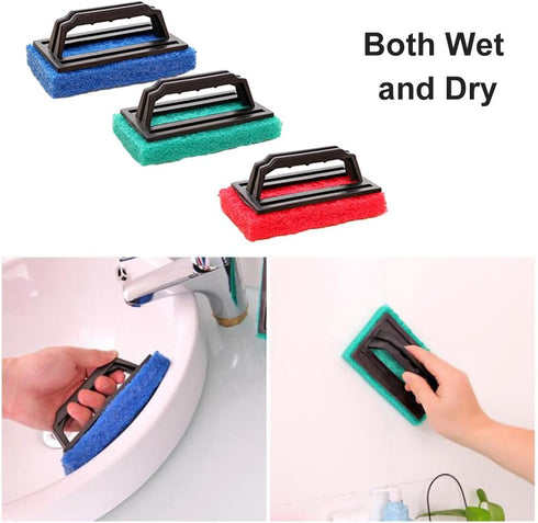 3 Pcs Hand-Held Pool Scrub Brush, Bathroom Scouring Pad, Non-Scratch Bathtub Scrubber with Handle, Cleaning Sponge for Shower Tile, Bathtube Sink ...