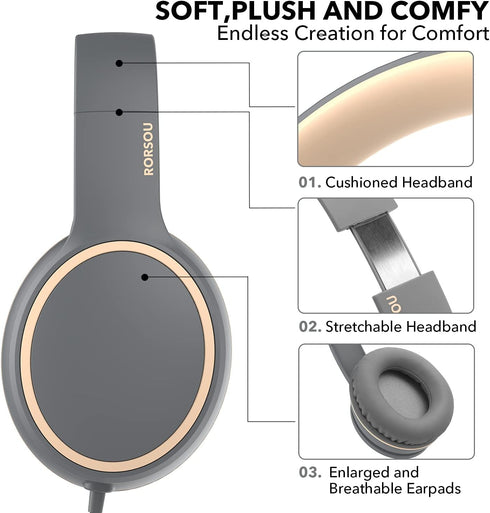 RORSOU R10 Kids Headphones with Microphone, Lightweight Folding Stereo Bass Headphones with 1.5M No-Tangle Cord, Portable Wired Headphones for Sma...