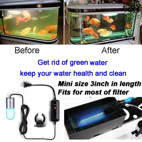 Mini 3W Timer Aquarium &UV-C Water Clean Light Aquarium Algae Clean Light Water Green Clean Fish Tank Water Clean Lamp for Sump Pond Filter Tank...