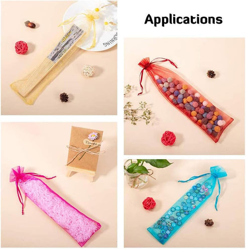 50Pcs Light Purple Organza Hand Fan Bags, 2x10 Inches Folding Drawstring Gift Pouch for Party Wedding Favors...