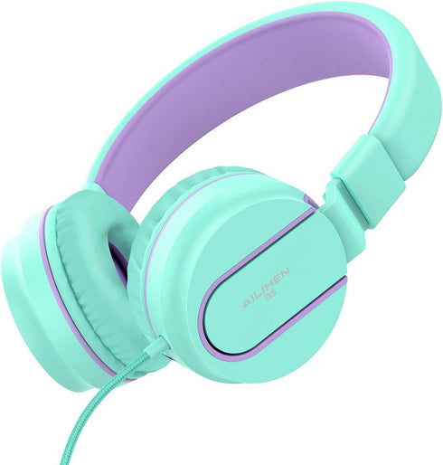 Kids Headphones, AILIHEN I35 On-Ear Headphones for School, 93dB Headphones Boy Girl, 3.5mm Wired Mic for Chromebook, Laptop (Green/Purple)...