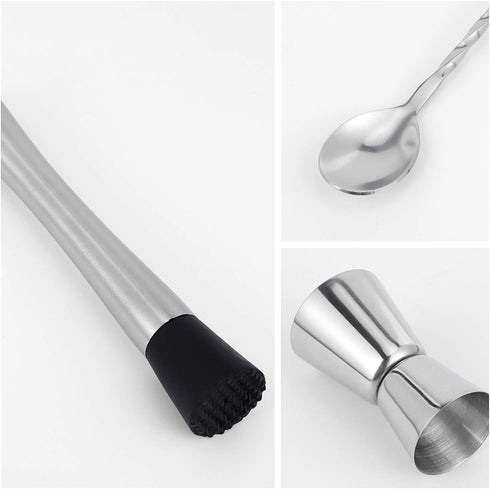 Muddler for Cocktails, 10'' Cocktail Muddler for Cocktails with Cocktail Spoon Long Handle and Jigger 0.5/1 OZ, Bar Accessories Tools for Mojitos ...