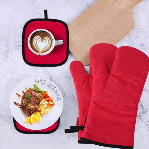 Set of 4 Oven Mitts and Pot Holders, 482 F Heat Resistant Hot Plate Moving Non-Slip Gloves for BBQ, Grill, Baking, Cooking, Oven, Microwave (Red)...