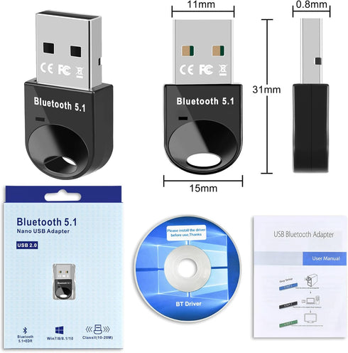 Bluetooth 5.1 Adapter for PC, USB Bluetooth Dongle 5.1 EDR, for Desktop, Laptop, Mouse, Keyboard, Printers, Speakers, Headphones, Supports Windows...
