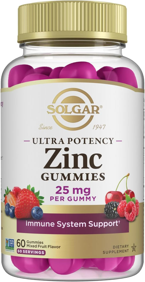 Solgar Zinc Gummies Adult Vitamin with 25mg Ultra Potency Zinc Citrate for Immune Support - Mixed Fruit Flavor, Vegan, Kosher & Gluten Free Gummy ...