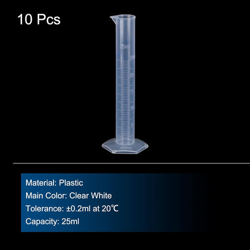 uxcell Plastic Graduated Cylinder, 25ml Measuring Cylinder, Test Tube Beakers, 2-Sided Metric Marking, Clear Hex Base for Lab Home 10Pcs...