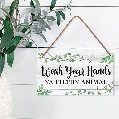 LHIUEM Wash Your Hands Ya Filthy Animal Sign,Funny Bathroom Wooden Hanging Wall Art, Green Plant Wood Plaques For Kitchen Toilet Home Decor(6''x 1...