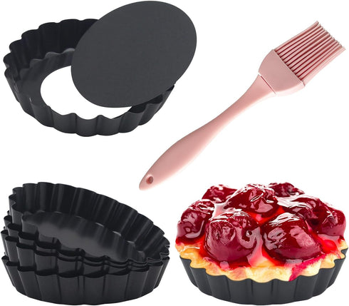 6 Pack Mini Fluted Tart Pans 4 Inch with Removable Bottom, Nonstick Quiche Pan with Silicone Basting Pastry Brushfor Baking Treats, Pie, Quiches, ...