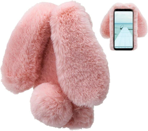 Rabbit Case for Samsung Galaxy S9 Plus, Cute 3D Bunny Ears Soft Furry Hairball Fuzzy Winter Warm Faux Fur Plush Fluffy Flexible TPU Bumper Protect...