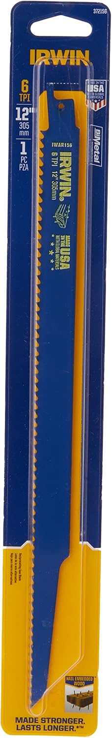 IRWIN Tools Nail-Embedded Wood Cutting Reciprocating Saw Blade, 12-Inch, 6 TPI (372156)...
