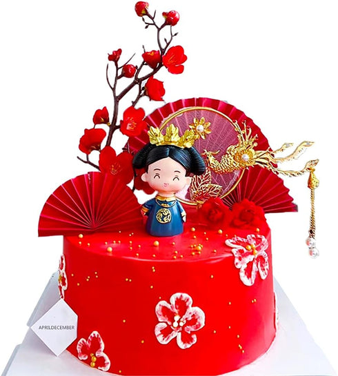 Traditional Chinese Wedding Cake Toppers - Set of 7 - Queen Figurine, Plum Blossom, Phoenix, 3 pcs Fans and Doll Base...