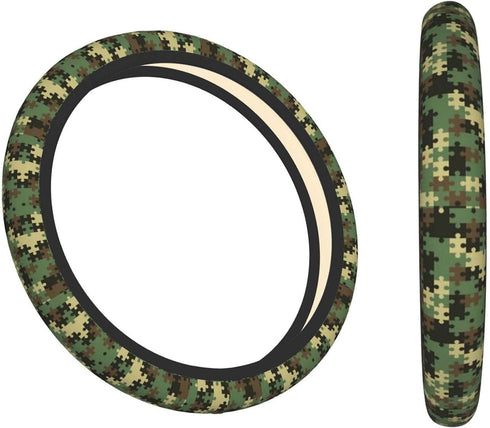 Green Steering Wheel Cover for Men,Green Camouflage Print 14.5 Steering Wheel Cover Protector Non Slip Durable Universal Automotive Accessories Ca...