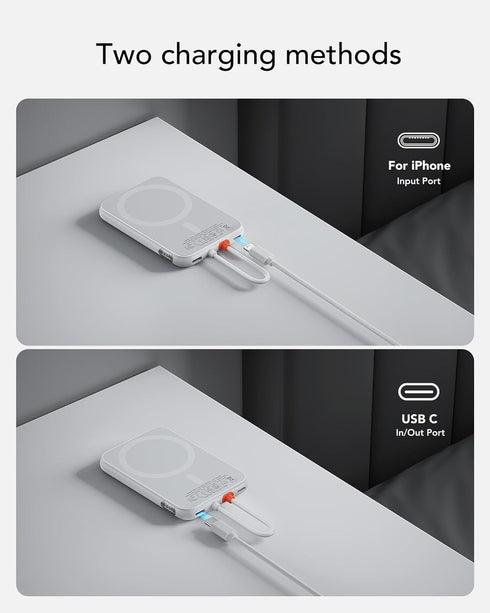 VRURC Mini Portable Charger with Built-in Cable USB C, 5000mAh Slim Power Bank LED Display, Anti-Slip Magnet Battery Pack with C Port for iPhone 1...