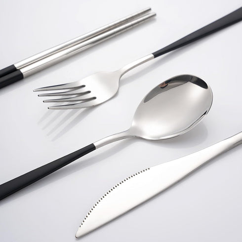 18/10 Portable Cutlery Spoon Fork Chopstick Gold Flatware Set with Case Travel Camping Outdoor Cutlery Set Stainless Steel-Black, Large...