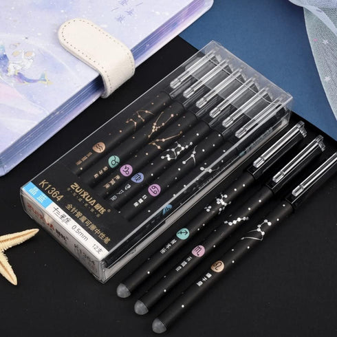 Gel Ink Pens 12PCS Erasable, with Eraser 0.5mm Fine Point Black/Blue 12 Constellations Ink Medium Point Creativity for Journaling Writing Drawing ...