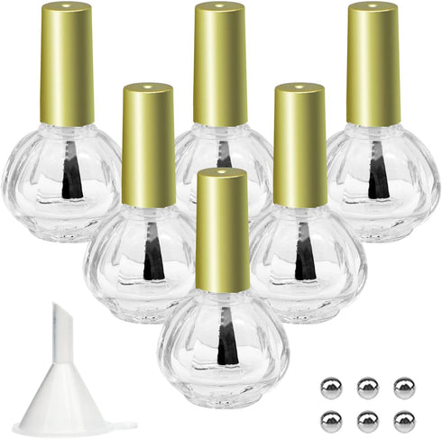 Empty Nail Polish Bottles Gold Top, 6PCS 10ML Empty Glass Fingernail Polish Bottles, Pumpkin Shape Refillable Clear Bottles with Funnel & Mixing B...