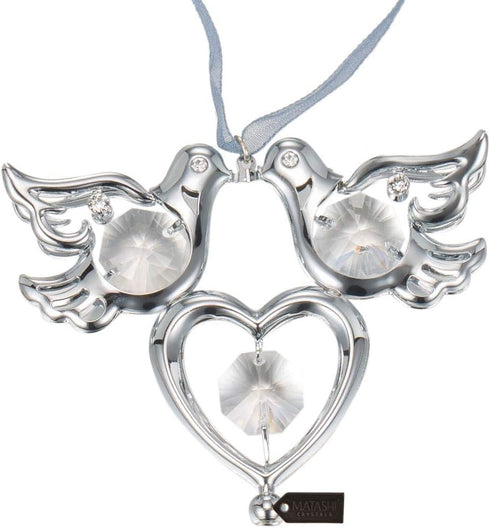 Matashi Chrome Plated Crystal Studded Silver Love Doves Birds Hanging Ornament with Heart, Romantic Gift, Love Symbol for Christmas, Anniversary, ...