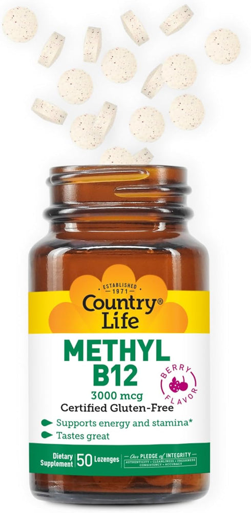 Country Life Methyl B-12 3000 mcg Lozenges, Vegan, Methylcobalamin for Energy and, Easily Absorbed, B12 Vitamin, Supports Energy Levels, Stamina &...
