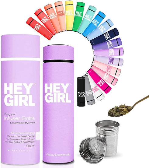 Hey Girl Tea Infuser Bottle 450ml - Insulated Stainless Steel Water Bottle - Tea Tumbler with Tea Diffuser - Portable Travel Mug for Loose Leaf Te...