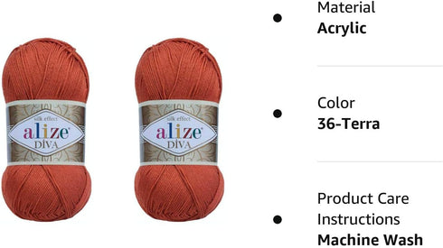 Alize Diva Yarn Hand Knitting Yarn 100% Microfiber Acrylic Yarn Alize Diva Silk Effect Thread Crochet Art Lace Craft Lot of 2 skeins 200gr 767 yds...