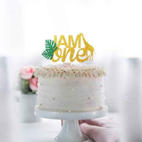 I AM ONE Birthday Cake Topper - Real Wild Child First Birthday - Smash Jungle Safari Animals Gifaffe Cake Décor - Baby Shower Welcome Baby Party D...