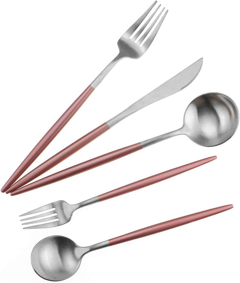 Gugrida Luxury Flatware, Royal 5 Piece Matte Pink Handle 18/10 Stainless Steel Tableware Sets for 1 Including Forks Spoons Knives, Camping Silverw...