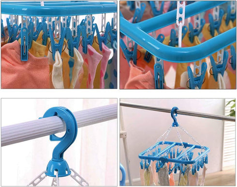 SteelFever Clothes Drying Hanger with 32 Clips, Foldable Hanging Drying Rack for Clothes Underwear Socks (Blue)...