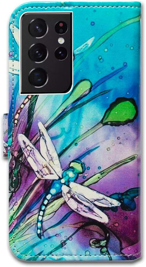 Case for Galaxy S21 Ultra 5G, Cute Dragonfly Leather Flip Phone Case Wallet Cover with Card Slot Holder Kickstand for Samsung Galaxy S21 Ultra...