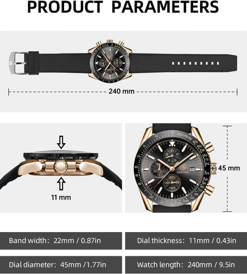 BY BENYAR Watch for Men Analog Quartz Chronograph Waterproof Luminous Designer Mens Wrist Watches Business Work Sport Casual Dress Watch with Sili...