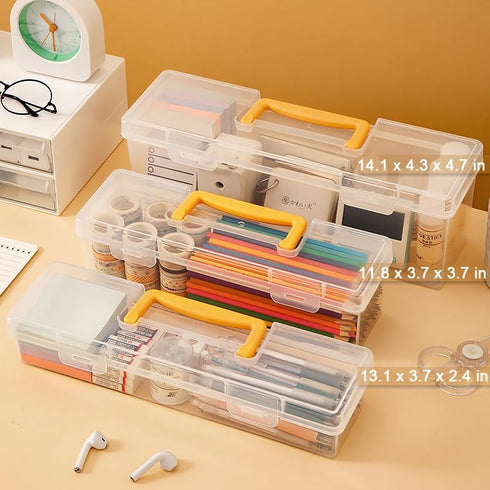 Plastic Portable Container with Handle, Art Craft Sewing Storage Box with Latching Lid for Paint Brush, Tools, Crayon, Washi Tape, Ruler, Ornament...
