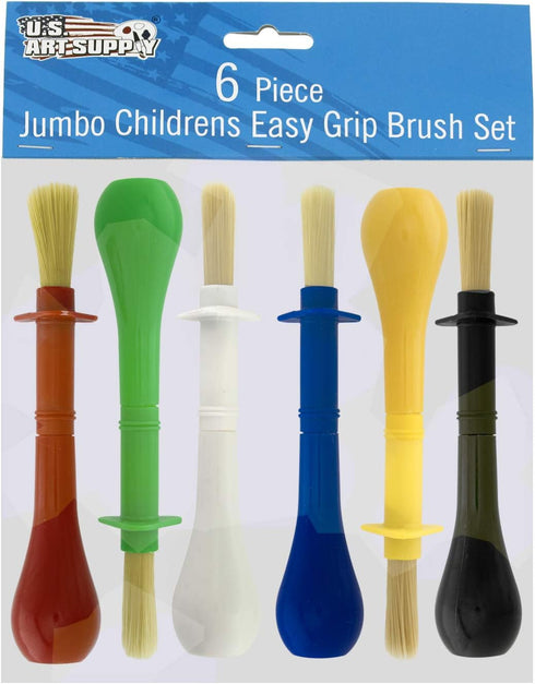 U.S. Art Supply Children's Jumbo Art Brushes Set of 6 - Plastic Handle Round Brushes with Hog Bristles, Stubby Grip - Ideal for Tempera, Poster Pa...
