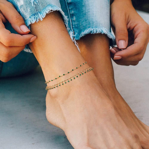 MTMY Gold Anklets for Women 14K Gold Plated Tiny Bead Anklet Green Rose Colorful Cubic Zirconia Tassel Foot Chain Dainty Adjustable Cute Anklets S...