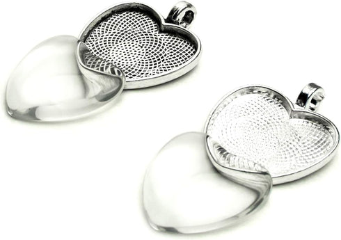 Bastex Heart Shaped Pendants for Jewelry Making. 80 pieces of DIY Pendant Tray Necklace Charms, Includes Metal Bezels and Cabochons - 1 inch, Silv...