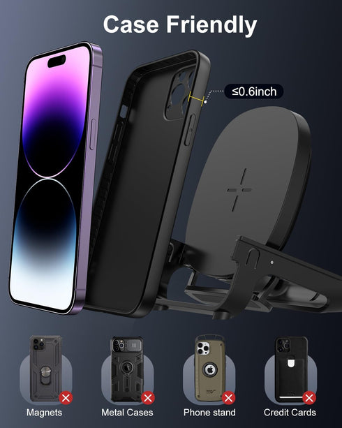 Wireless Charger, 15W Fast Wireless Charging Station with Pad and Stand Qi-Certified for iPhone 15/14/13/12 Pro Max, Magsafe Charger Galaxy S22 S2...
