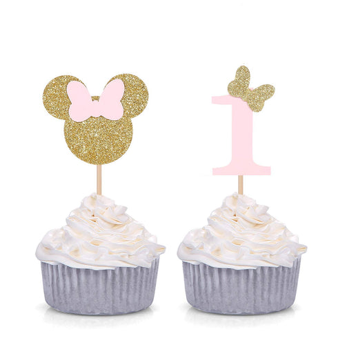 First Birthday Party Picks - Pink and Gold Baby Girl Birthday Cupcake Toppers Cake Appetizer Decorations - Set of 24...