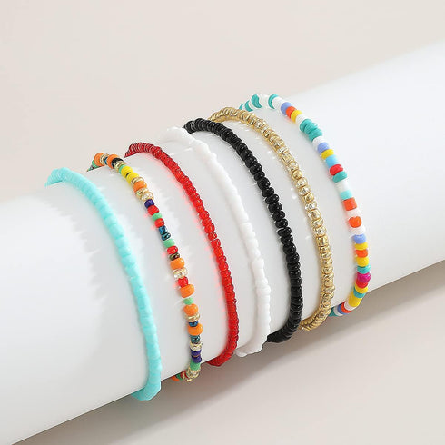 Caiyao 7Pcs Bohemian Layered Handmade Beads Chain Anklets Bracelet Set Colorful Boho Strenthy Elastic Stacking Ankle Foot Hand Jewelry for Women G...